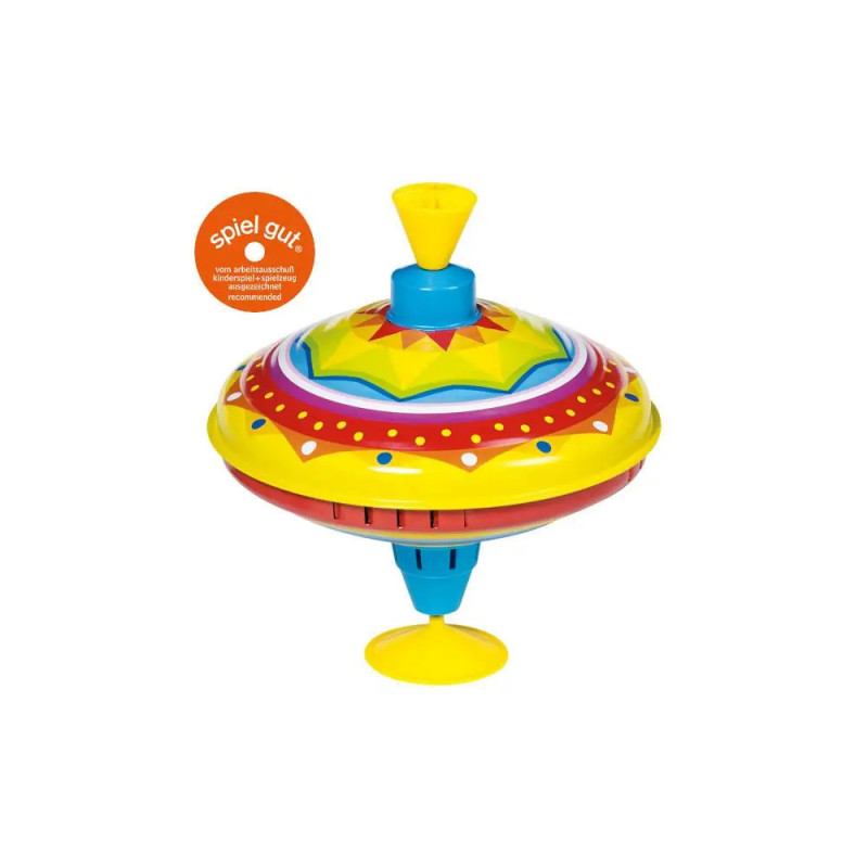 Bunter Kreisel mit geometrischen Mustern in Blau, Rot und Gelb sowie spiel gut-Auszeichnung.