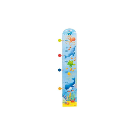 Bunte Wachstumstabelle für Kinder mit Meerestieren wie Haien, Fischen und Schildkröten auf blauem Hintergrund.