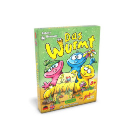 Spielschachtel Das Wurmt mit bunten Comicwürmern auf Gras, geeignet ab 8 Jahren.
