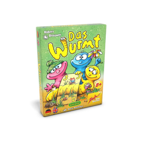 Spielschachtel Das Wurmt mit bunten Comicwürmern auf Gras, geeignet ab 8 Jahren.