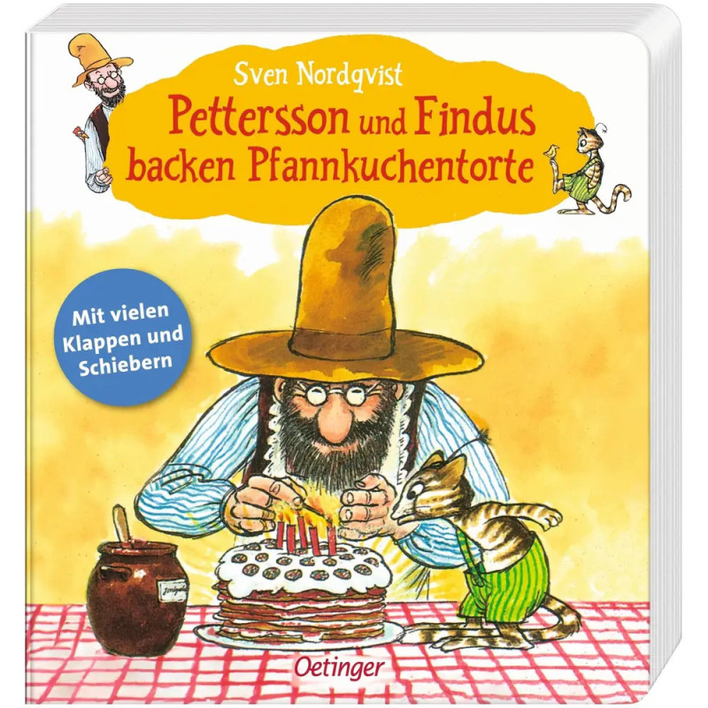 Buchcover: Ein alter Mann und eine Katze backen Kuchen. Titel: Pettersson und Findus backen Pfannkuchentorte.
