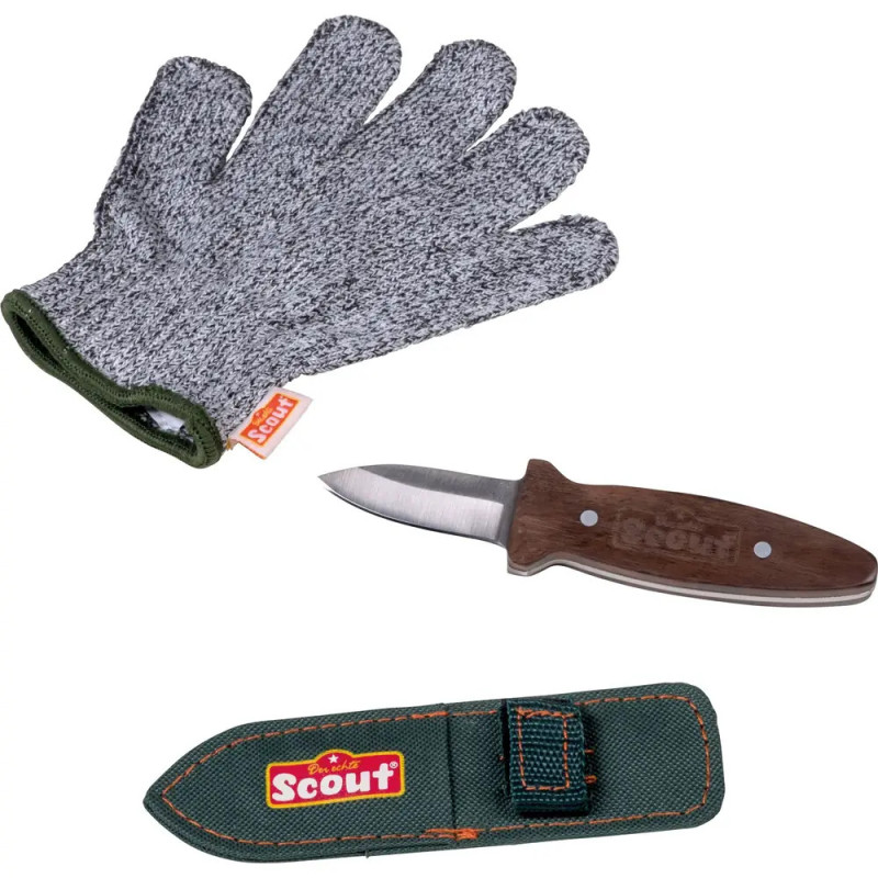 Schutzhandschuh, kleines Messer mit Holzgriff und grüne Scout-Messerscheide auf weißem Hintergrund.