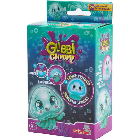 Glibbi Glowy Schleim-Set mit niedlicher Qualle und farbenfroher, sprudelnder Verpackung.