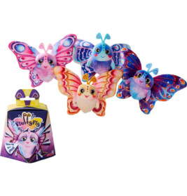 Vier bunte Plüsch-Schmetterlinge mit freundlichen Gesichtern neben einer lila FluffyFly-Spielzeugbox.