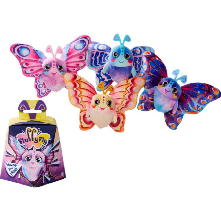 Vier bunte Plüsch-Schmetterlinge mit freundlichen Gesichtern neben einer lila FluffyFly-Spielzeugbox.