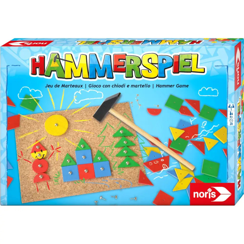 Hammerspiel-Set mit Hammer, Korkplatte, Nägeln und bunten Formen für Kinder.