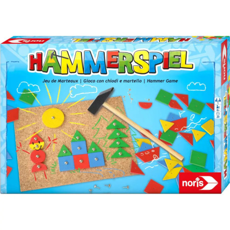 Hammerspiel-Set mit Hammer, Korkplatte, Nägeln und bunten Formen für Kinder.