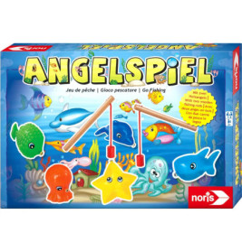 Bunte Angelspiel-Box mit Meerestieren, zwei Angeln und zentralem sternförmigem Fisch.