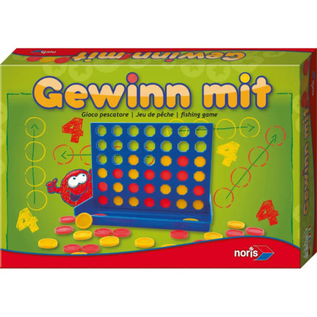 Spielbox Gewinn mit, enthält ein Connect-Four-Spielbrett und rote sowie gelbe Spielchips.