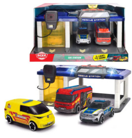 Spielset Rettungsstation mit Feuerwehr-, Polizei- und Krankenwagen, drinnen und draußen gezeigt.