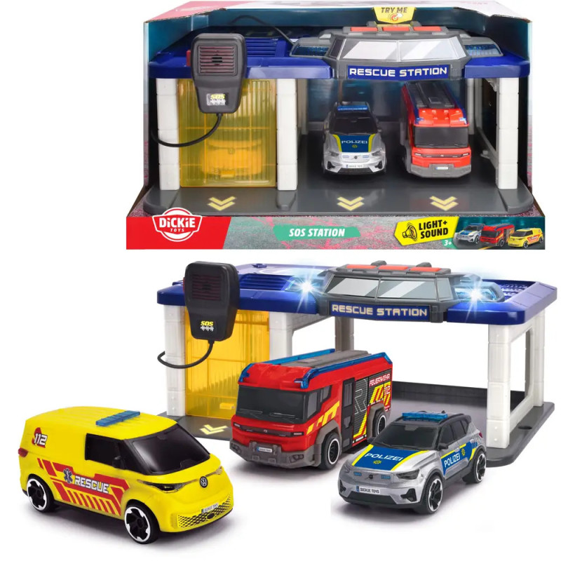 Spielset Rettungsstation mit Feuerwehr-, Polizei- und Krankenwagen, drinnen und draußen gezeigt. Spielset Rettungsstation mit Feuerwehr-, Polizei- und Krankenwagen, drinnen und draußen gezeigt.