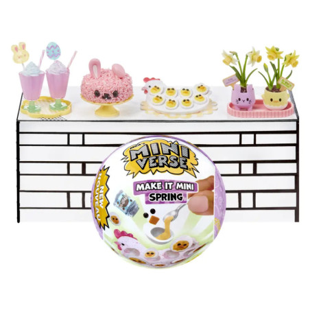 Frühlingshafte Mini-Desserts und Getränke hinter einer Make It Mini-Kugel auf weißem Hintergrund.