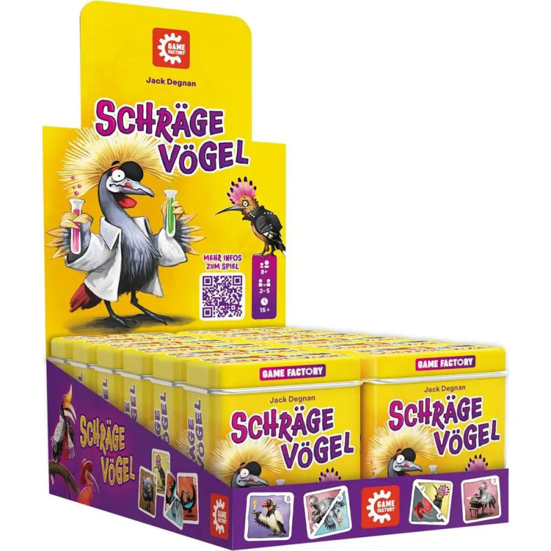 Schräge Vögel Kartenspiel-Box mit Comic-Vögeln auf gelb-lila Hintergrund.