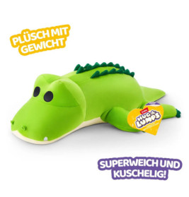 Grünes Plüsch-Krokodil mit dunklen Schuppen, als gewichtet, weich und kuschelig auf Deutsch gekennzeichnet.
