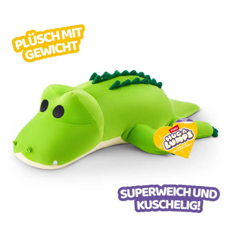 Grünes Plüsch-Krokodil mit dunklen Schuppen, als gewichtet, weich und kuschelig auf Deutsch gekennzeichnet.