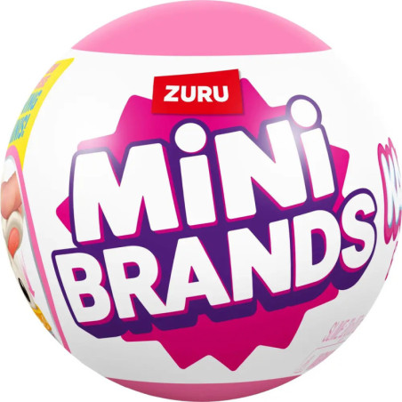 Zuru Mini Brands Spielzeugball in Pink-Weiß mit auffälliger lila-weißer Beschriftung auf der Verpackung.