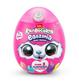 Rosa Rainbocorns Eggzania Ei mit Tiergesicht und bunter Aufschrift auf der Verpackung.