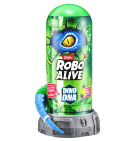 Grüner Robo Alive Dino DNA Behälter mit blauem Dino-Auge und blauem Silikonschwanz an der Seite.