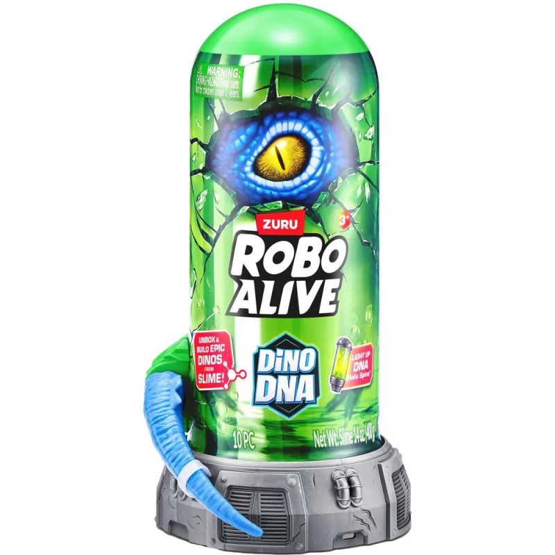 Grüner Robo Alive Dino DNA Behälter mit blauem Dino-Auge und blauem Silikonschwanz an der Seite.