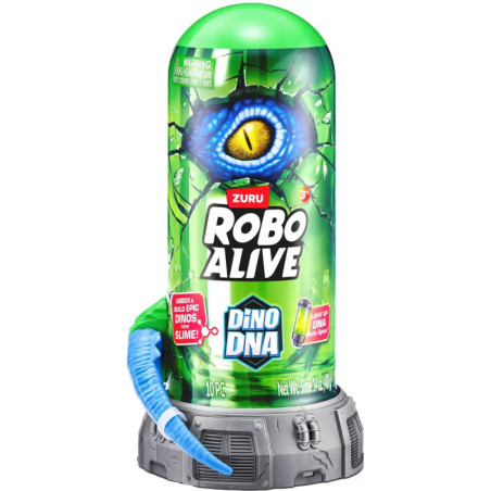 Grüner Robo Alive Dino DNA Behälter mit blauem Dino-Auge und blauem Silikonschwanz an der Seite.