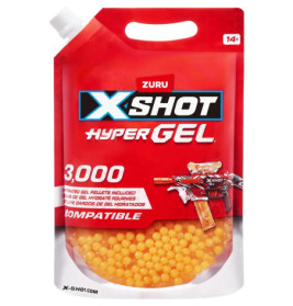 Rote X-Shot Hyper Gel-Tüte mit 3.000 orangen Gelkugeln für Blaster, empfohlen ab 14 Jahren.