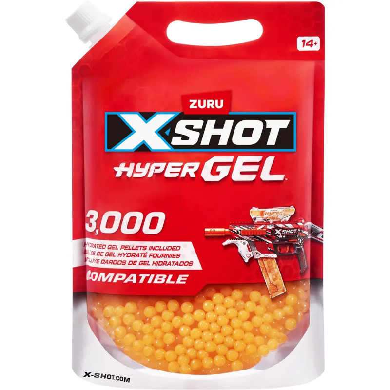 Rote X-Shot Hyper Gel-Tüte mit 3.000 orangen Gelkugeln für Blaster, empfohlen ab 14 Jahren.