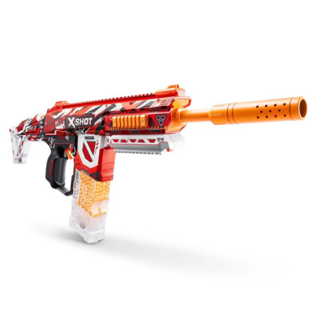 Spielzeug-Dartblaster in Orange, Weiß und Rot mit Klarmagazin und XSHOT-Logo an der Seite.