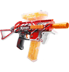 Rot-weißer Spielzeugblaster mit orangener Spitze, Klarsichthopper und gelben Schaumstoffkugeln.
