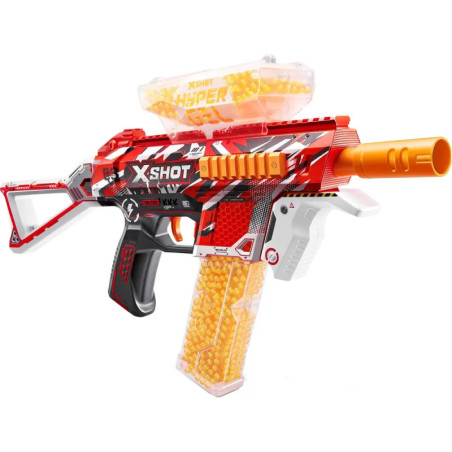 Rot-weißer Spielzeugblaster mit orangener Spitze, Klarsichthopper und gelben Schaumstoffkugeln.