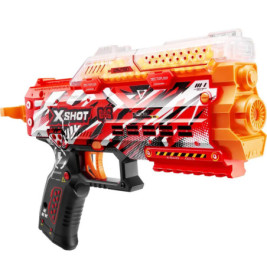 Rot-orange-schwarzer X-Shot Spielzeugblaster mit futuristischem, kantigem Design.