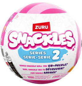 Runder, rosa-weißer Zuru Snackles Series 2 Ball mit buntem Text und Cartoon-Designs auf der Verpackung.