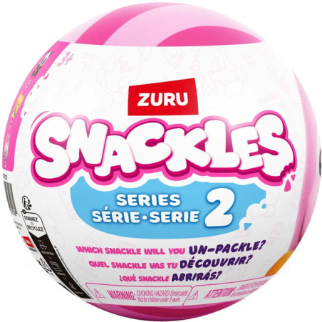 Runder, rosa-weißer Zuru Snackles Series 2 Ball mit buntem Text und Cartoon-Designs auf der Verpackung.