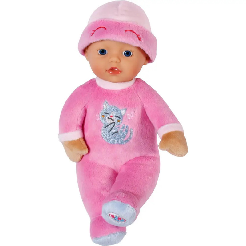 Babypuppe im rosa Outfit mit Katzendesign und passender rosa Mütze. Babypuppe im rosa Outfit mit Katzendesign und passender rosa Mütze.