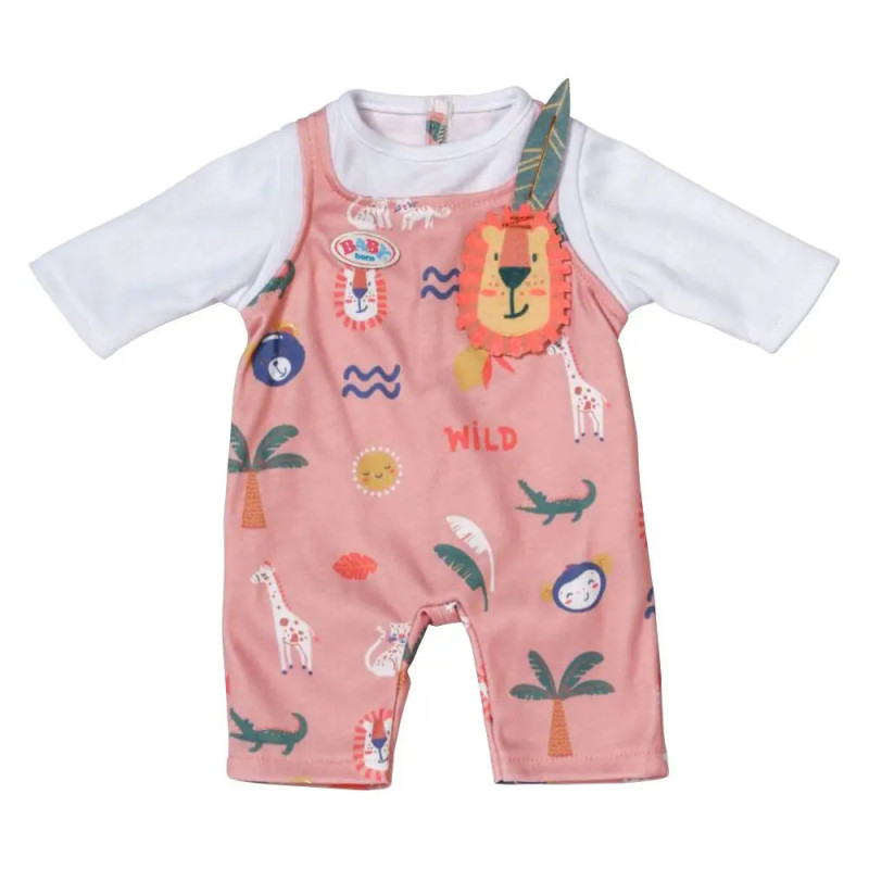 Rosa Babystrampler mit Tiermotiven, weißes Langarmshirt und Löwengesicht-Deko an der Schulter.