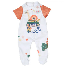 Weißer Baby-Body mit orangen Ärmeln und Safari-Tier-Auto-Motiv auf der Vorderseite.