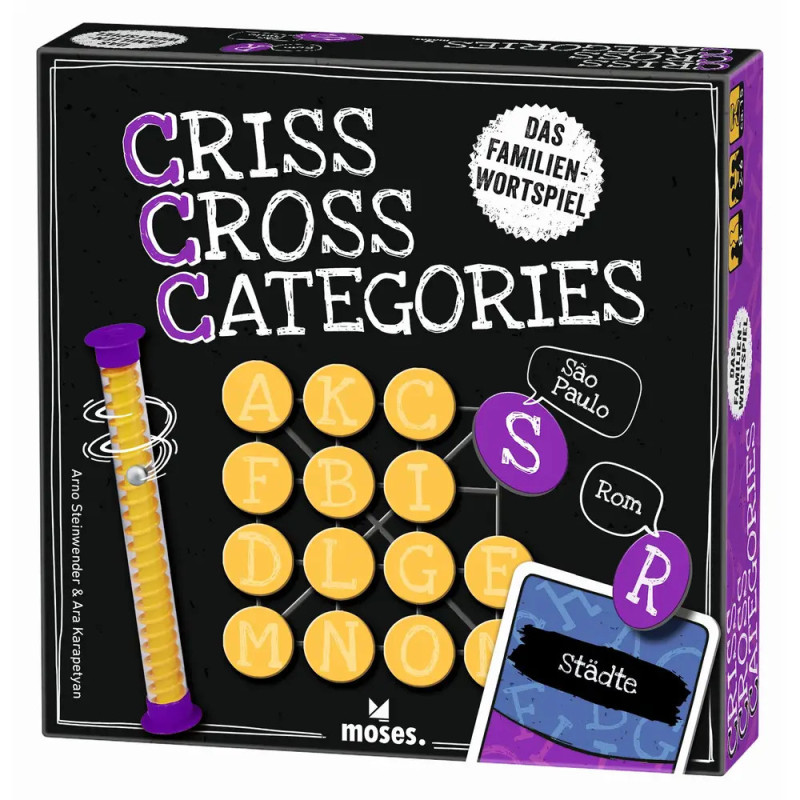 Criss Cross Kategorien: Spielschachtel mit Buchstabensteinen, Timer, Karten und Stadtnamen auf dem Cover.