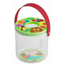 Transparente Insektendose mit grünem Deckel, rotem Griff und Tiermotiven auf dem Deckel.