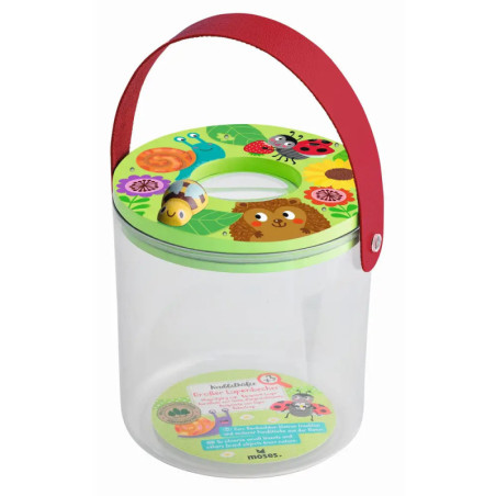 Transparente Insektendose mit grünem Deckel, rotem Griff und Tiermotiven auf dem Deckel.