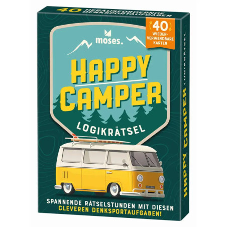 Box der Happy Camper Logikrätsel mit gelbem Van, Bergen und 40 wiederverwendbaren Logikrätselkarten.