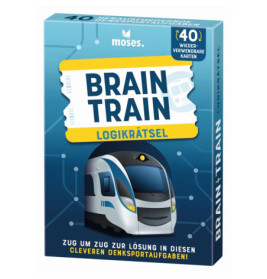 Blue Brain Train Logikrätsel Kartenspiel mit Cartoon-Zug und gelben Textelementen auf der Verpackung.