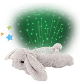 Graues Kuschelhasen-Nachtlicht projiziert grüne Sterne und Formen an die Decke.