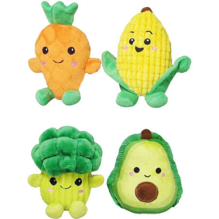 Vier Plüschspielzeuge als Karotte, Mais, Brokkoli und Avocado mit lachenden Gesichtern.
