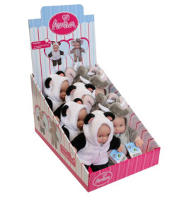 Anlia-Puppen in Panda- und grauen Hasenanzügen sind in einer Schachtel in Reihen angeordnet.