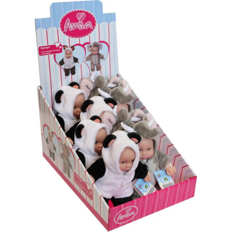 Anlia-Puppen in Panda- und grauen Hasenanzügen sind in einer Schachtel in Reihen angeordnet.