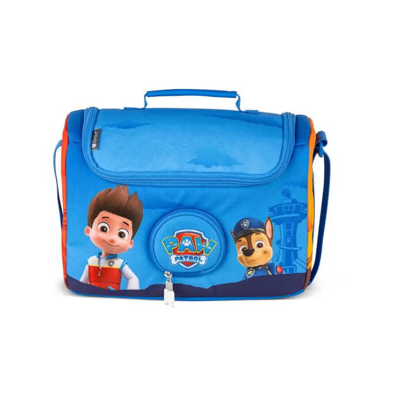 Blauer Paw Patrol Schulranzen mit Ryder und Chase als Cartoonfiguren auf der Vorderseite.