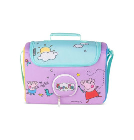Lila-blaue Peppa Pig Brotdose mit Comic-Motiven, Sonne und Tragegriff auf der Oberseite.