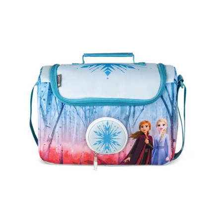 Blau-rosa Frozen-Lunchbag mit Anna und Elsa vor verschneitem Waldmotiv.