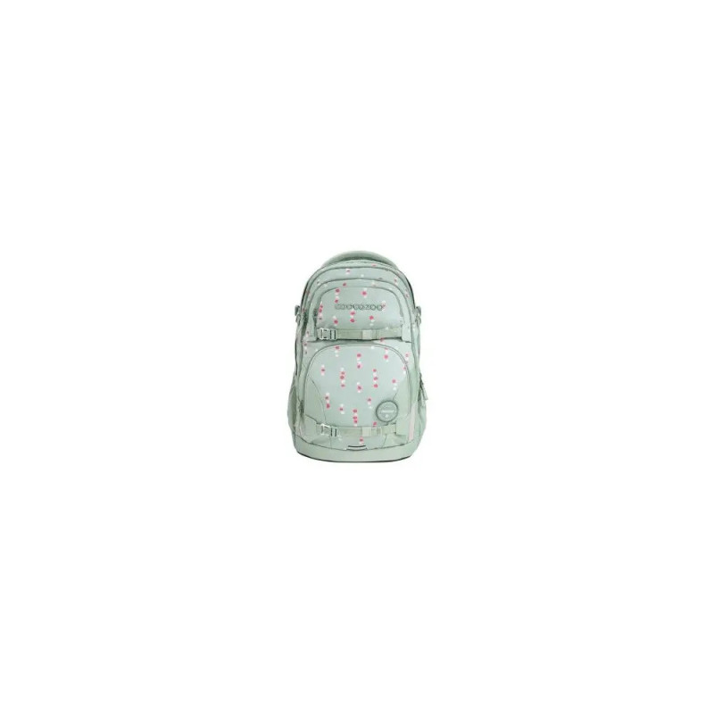 Hellgrüner Rucksack mit rosa Punkten, frontal aufgenommen, isoliert vor weißem Hintergrund. Hellgrüner Rucksack mit rosa Punkten, frontal aufgenommen, isoliert vor weißem Hintergrund.