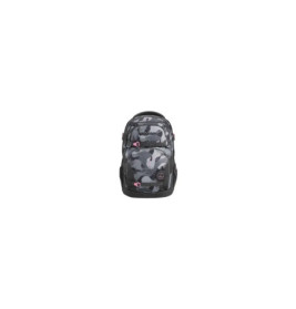 Grauer und schwarzer Camouflage-Rucksack mit mehreren Fächern und roten Akzenten, Vorderansicht.