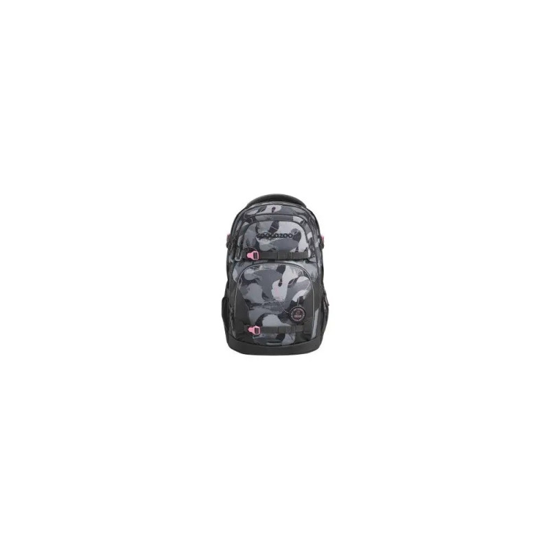 Grauer und schwarzer Camouflage-Rucksack mit mehreren Fächern und roten Akzenten, Vorderansicht. Grauer und schwarzer Camouflage-Rucksack mit mehreren Fächern und roten Akzenten, Vorderansicht.
